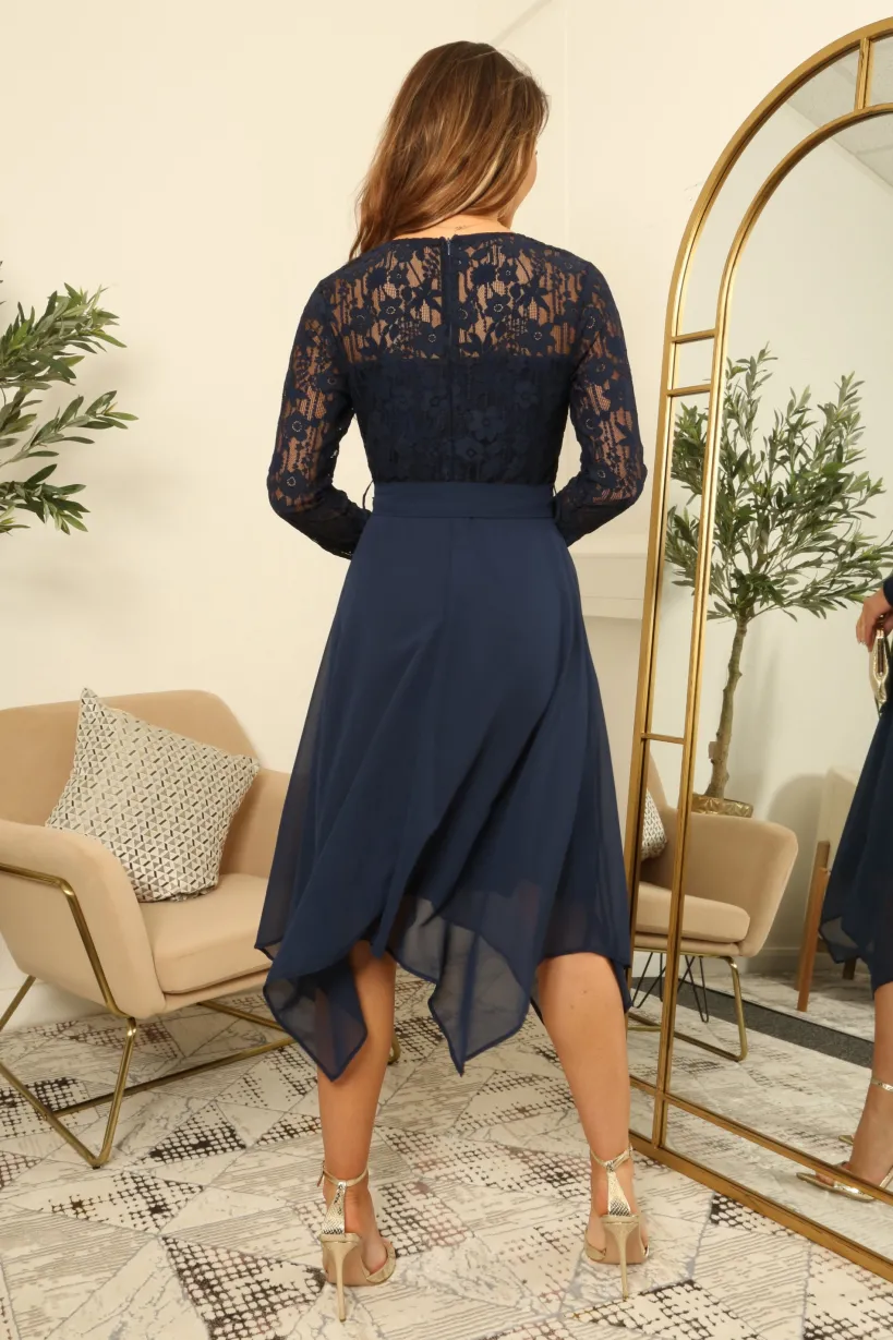 Lace Long Sleeve Handkerchief Hem Midi Dress by Double Second