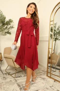 Lace Long Sleeve Handkerchief Hem Midi Dress by Double Second
