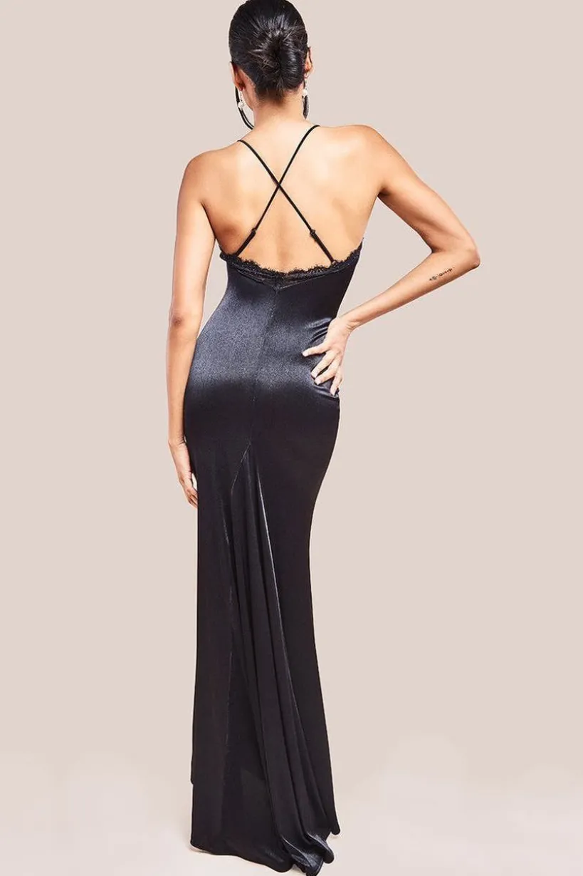 Lace Neck Satin Twill Maxi Dress - Black by Goddiva