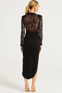 Lace Plunge Neck Faux Wrap Midi Dress In Black by Angeleye