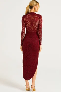 Lace Plunge Neck Faux Wrap Midi Dress In Burgundy by Angeleye