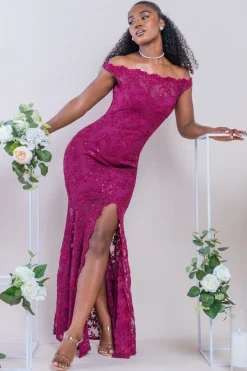 Lace Scallop Edge Mermaid Maxi Dress - Burgundy by Goddiva