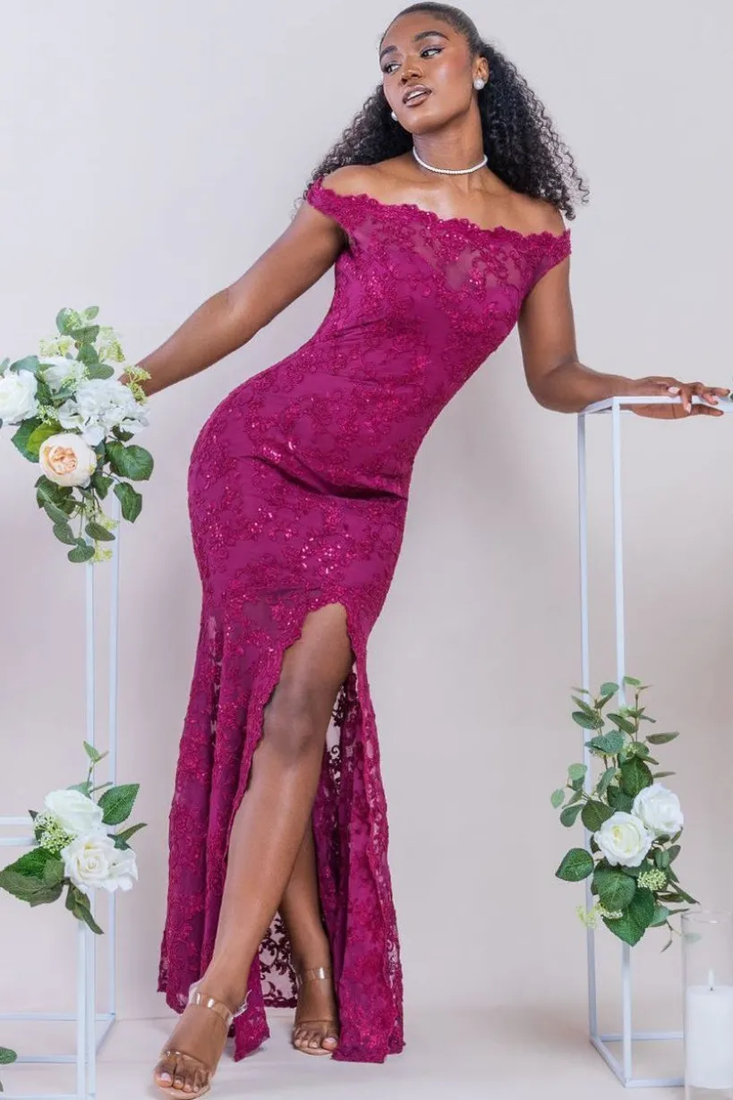 Lace Scallop Edge Mermaid Maxi Dress - Burgundy by Goddiva