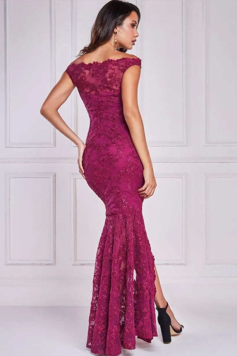 Lace Scallop Edge Mermaid Maxi Dress - Burgundy by Goddiva