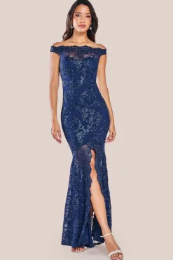 Lace Scallop Edge Mermaid Maxi Dress - Navy by Goddiva