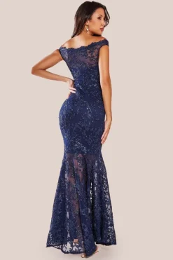 Lace Scallop Edge Mermaid Maxi Dress - Navy by Goddiva