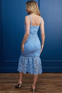Lace Sleeveless Dress With Ruffle Hem In Blue by Angeleye