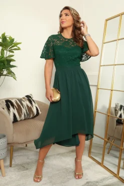 Lace Top Chiffon Skirt Midi Dress by Double Second
