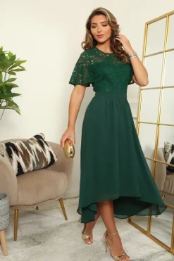 Lace Top Chiffon Skirt Midi Dress by Double Second