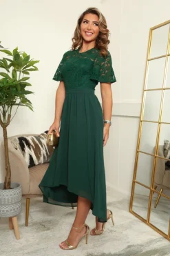 Lace Top Chiffon Skirt Midi Dress by Double Second