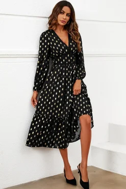 Lace Trim Foil Long Sleeve Maxi Dress In Black by FS Collection