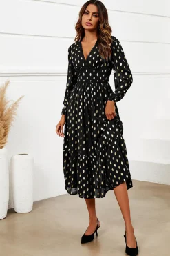 Lace Trim Foil Long Sleeve Maxi Dress In Black by FS Collection