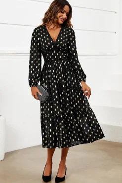 Lace Trim Foil Long Sleeve Maxi Dress In Black by FS Collection
