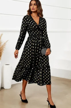 Lace Trim Foil Long Sleeve Maxi Dress In Black by FS Collection
