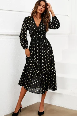 Lace Trim Foil Long Sleeve Maxi Dress In Black by FS Collection