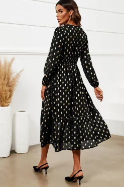 Lace Trim Foil Long Sleeve Maxi Dress In Black by FS Collection