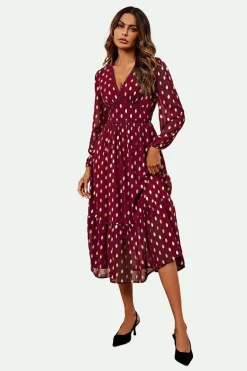 Lace Trim Foil Long Sleeve Maxi Dress In Wine by FS Collection