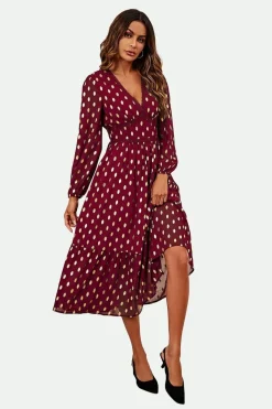 Lace Trim Foil Long Sleeve Maxi Dress In Wine by FS Collection