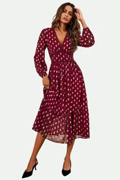 Lace Trim Foil Long Sleeve Maxi Dress In Wine by FS Collection