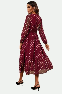 Lace Trim Foil Long Sleeve Maxi Dress In Wine by FS Collection