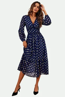 Lace Trim Foil Long Sleeve Maxi Dress In Navy by FS Collection