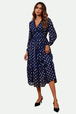 Lace Trim Foil Long Sleeve Maxi Dress In Navy by FS Collection