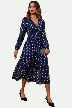 Lace Trim Foil Long Sleeve Maxi Dress In Navy by FS Collection