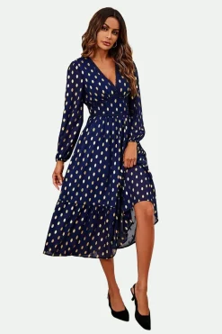 Lace Trim Foil Long Sleeve Maxi Dress In Navy by FS Collection