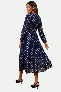 Lace Trim Foil Long Sleeve Maxi Dress In Navy by FS Collection