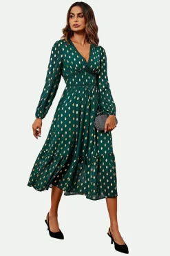 Lace Trim Foil Long Sleeve Maxi Dress In Green by FS Collection