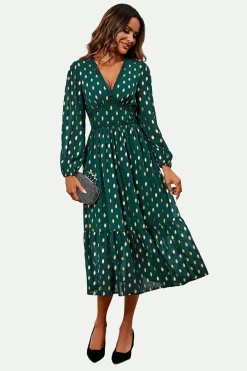 Lace Trim Foil Long Sleeve Maxi Dress In Green by FS Collection