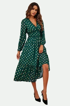 Lace Trim Foil Long Sleeve Maxi Dress In Green by FS Collection