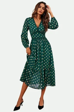 Lace Trim Foil Long Sleeve Maxi Dress In Green by FS Collection