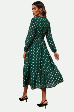 Lace Trim Foil Long Sleeve Maxi Dress In Green by FS Collection