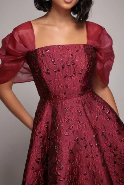 Lace Up Jacquard Midi Dress With Organza Wings - Burgundy Red by Goddiva