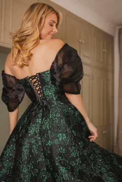 Lace Up Jacquard Midi Dress With Organza Wings - Emerald Black by Goddiva
