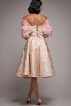 Lace Up Jacquard Midi Dress With Organza Wings - Blush Pink by Goddiva