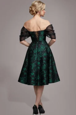 Lace Up Jacquard Midi Dress With Organza Wings - Emerald Black by Goddiva