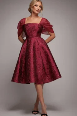 Lace Up Jacquard Midi Dress With Organza Wings - Burgundy Red by Goddiva