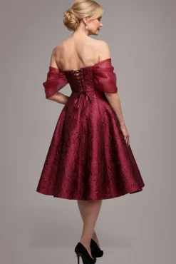 Lace Up Jacquard Midi Dress With Organza Wings - Burgundy Red by Goddiva