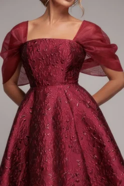 Lace Up Jacquard Midi Dress With Organza Wings - Burgundy Red by Goddiva