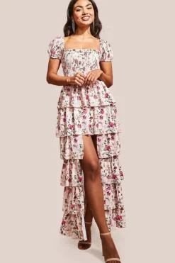 Layered Dipped Hem Floral Maxi - Beige by Goddiva