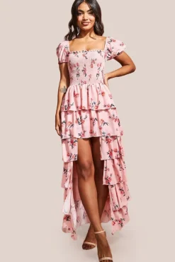 Layered Dipped Hem Floral Maxi - Peach by Goddiva