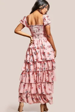 Layered Dipped Hem Floral Maxi - Peach by Goddiva
