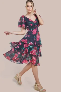 Layered Floral Midi Flutter Sleeves - Blackfloral by Goddiva