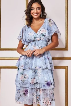 Layered Floral Midi Flutter Sleeves - Blue Floral by Goddiva
