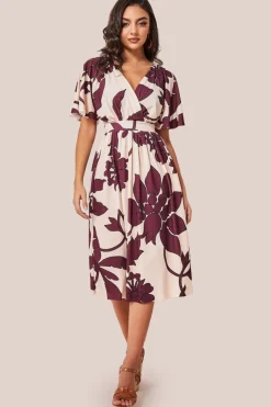 Leaf Print Flutter Sleeve Midi - Cream by Goddiva