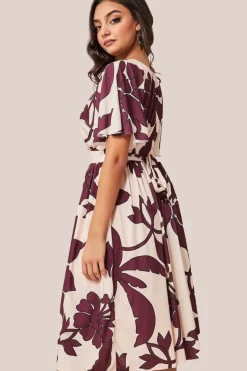 Leaf Print Flutter Sleeve Midi - Cream by Goddiva