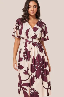 Leaf Print Flutter Sleeve Midi - Cream by Goddiva