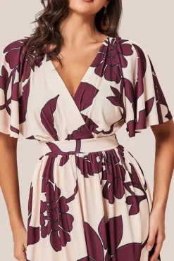 Leaf Print Flutter Sleeve Midi - Cream by Goddiva
